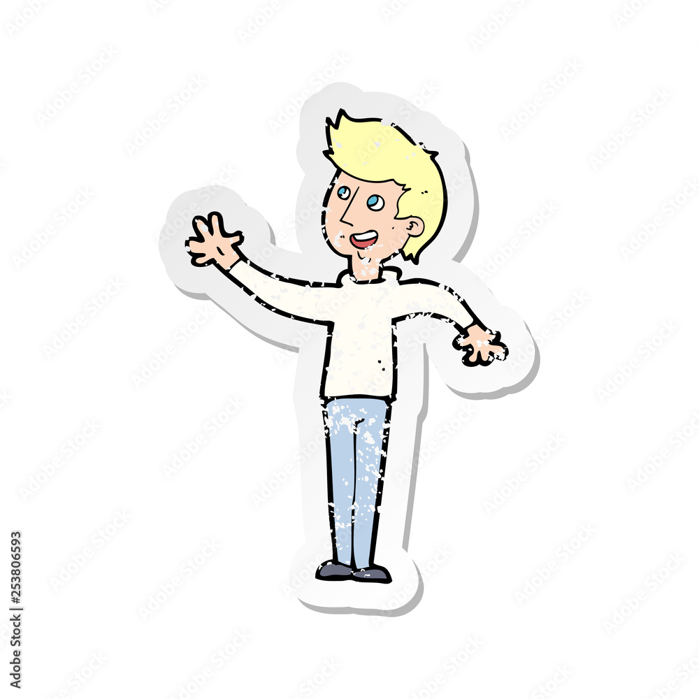 retro distressed sticker of a cartoon man waving retro distressed sticker of a cartoon man waving