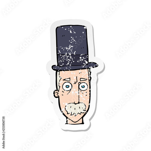retro distressed sticker of a cartoon man wearing top hat
