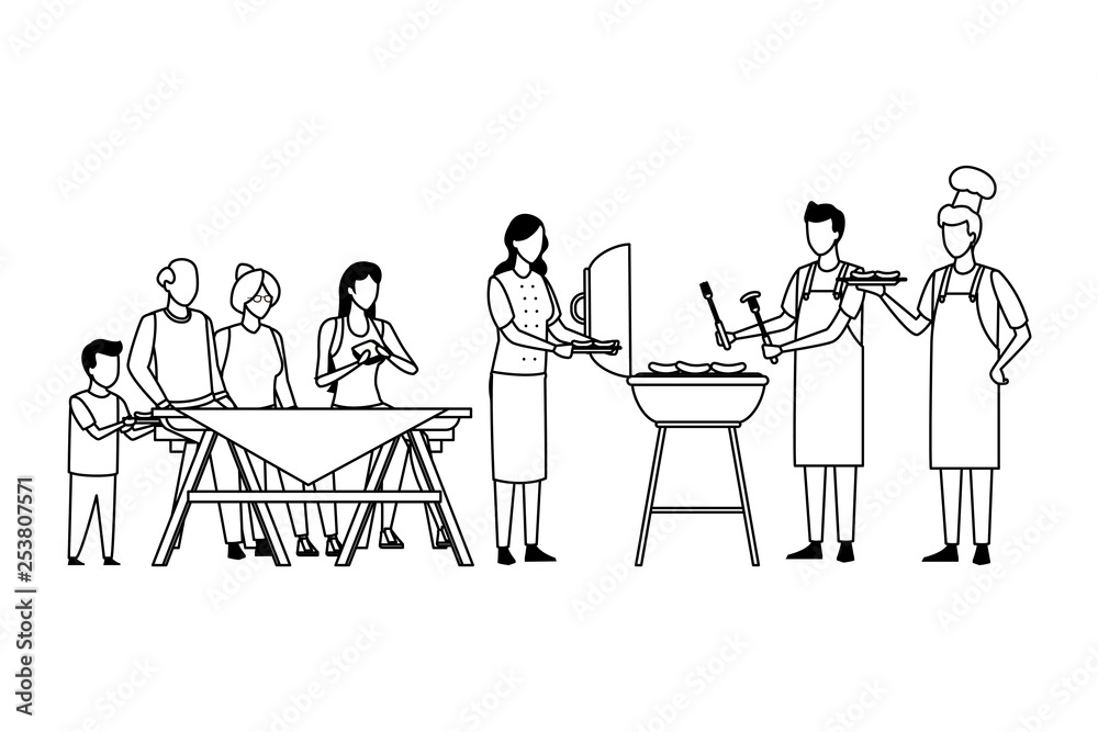 faceless family barbecue party in black and white