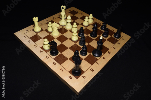 Wooden chess board with white chessmen as a skill theme photo