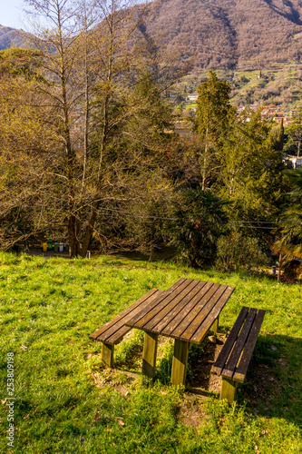 Italy, Lecco, Lake Como,  wooden bench on a lawn