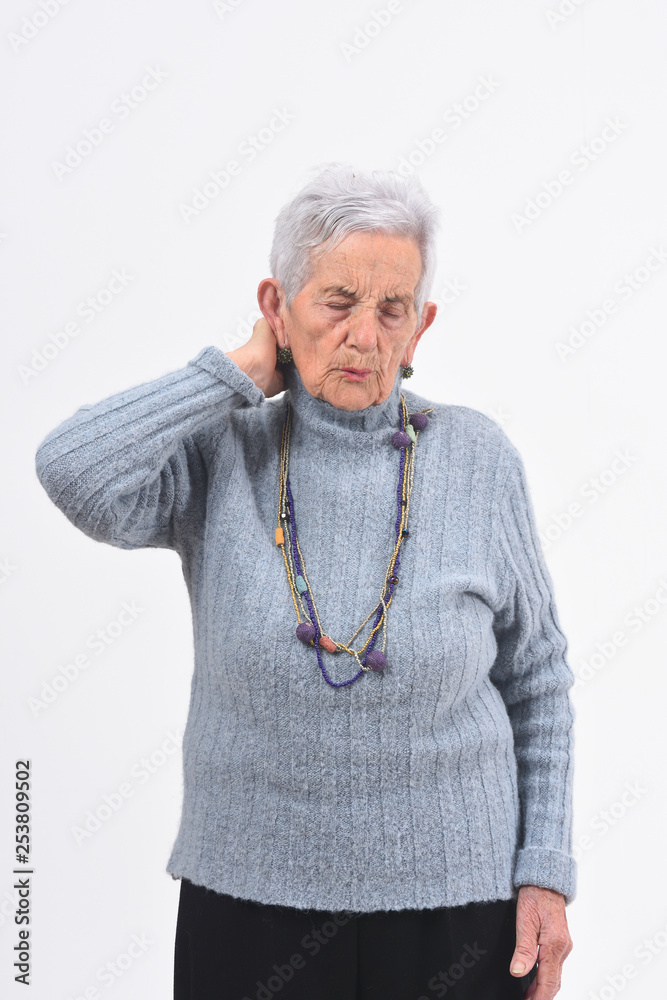 senior woman with neck pain on white background senior woman with neck pain on white background