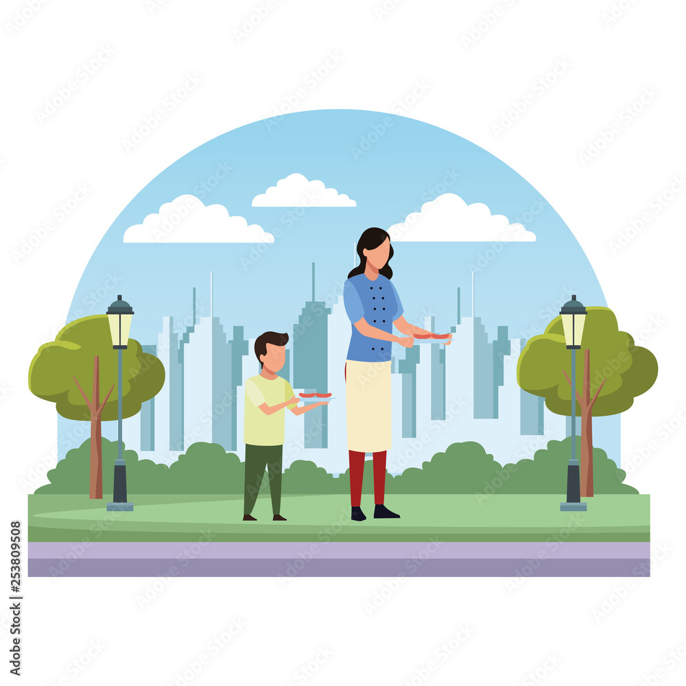 faceless mother and son barbecue food