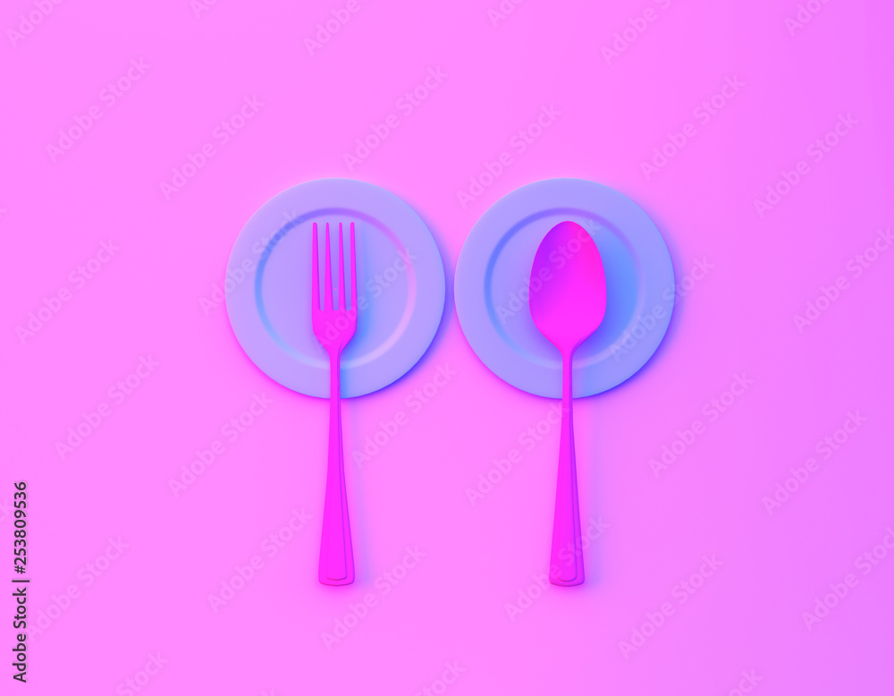 Creative idea layout made of spoons and forks with dish in bvibrant bold gradient purple and blue holographic colors background. minimal healthcare and food concept. Cafe or restaurant emblem.