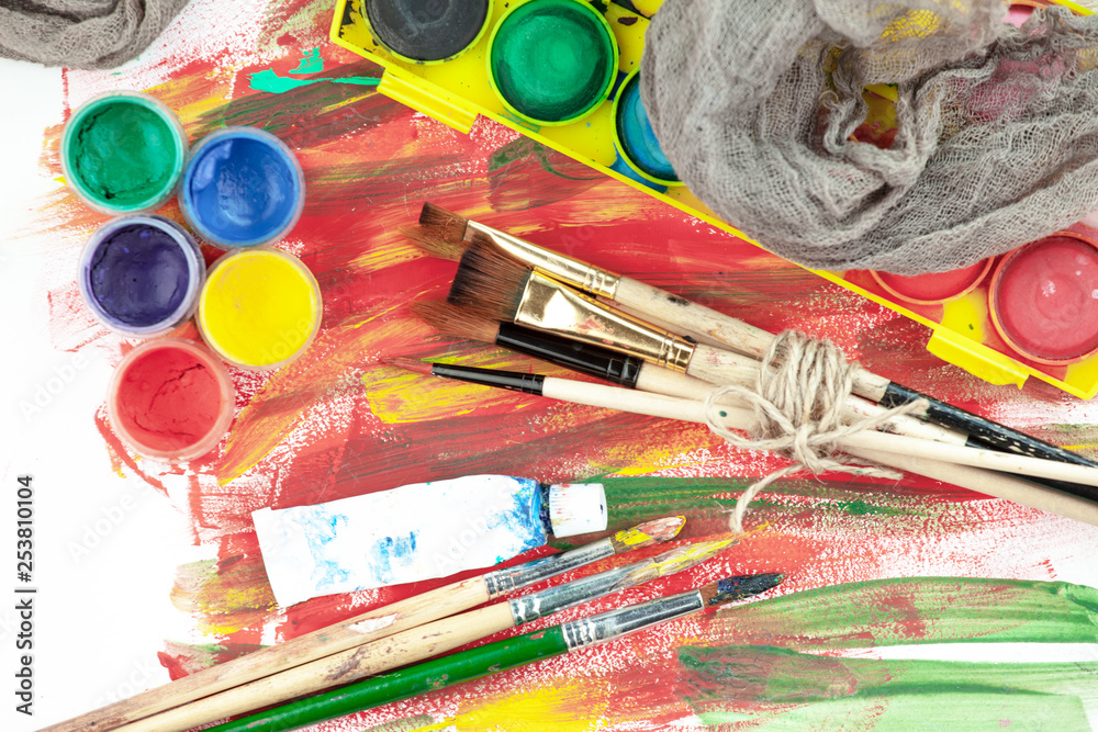 Paint brushes and paints for drawing. Paint brushes and paints for drawing.