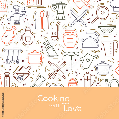 Background with lettering on the kitchen theme with a variety of kitchen items. Background for menu design, kitchen items, and other things.