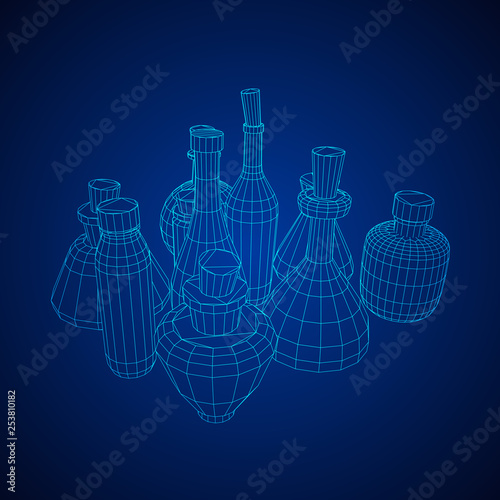 Different wine bottles. Model wireframe low poly mesh vector illustration