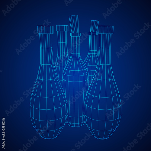 Different wine bottles. Model wireframe low poly mesh vector illustration