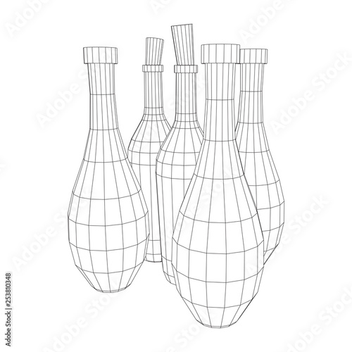 Different wine bottles. Model wireframe low poly mesh vector illustration