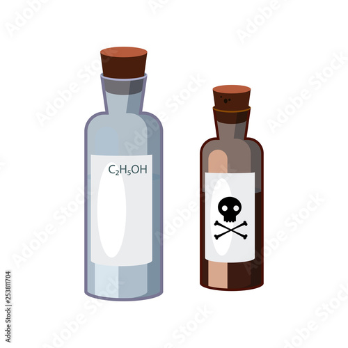 Bottles with hazardous liquids. Containers of alkali and dangerous substance. Can be used for topics like chemistry, biology, laboratory