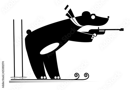 Biathlon competitor bear black on white illustration. Shooting biathlon competitor cartoon bear original silhouette isolated 