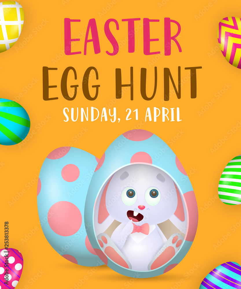 Easter Egg Hunt poster design. Hungry little bunny in colored egg on orange background. Illustration can be used for flyers, invitation cards, event announcement