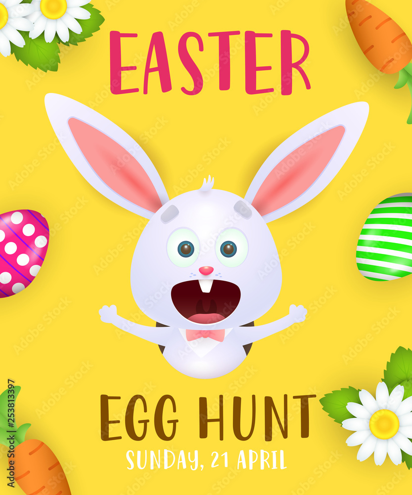 Easter Egg Hunt poster design. Shouting bunny, colored eggs, carrot and flowers on yellow background. Illustration can be used for flyers, invitation cards, event announcement Easter Egg Hunt poster design. Shouting bunny, colored eggs, carrot and flowers on yellow background. Illustration can be used for flyers, invitation cards, event announcement