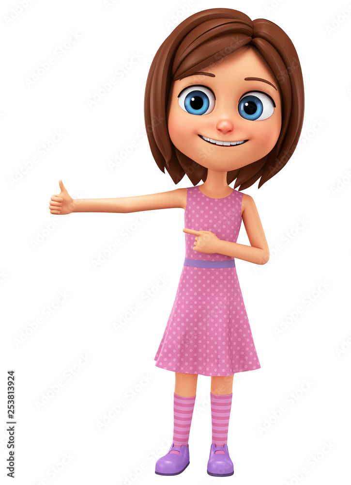 Cartoon character girl in a pink dress points to the thumb up on a white background. 3d rendering. Illustration for advertising. Cartoon character girl in a pink dress points to the thumb up on a white background. 3d rendering. Illustration for advertising.