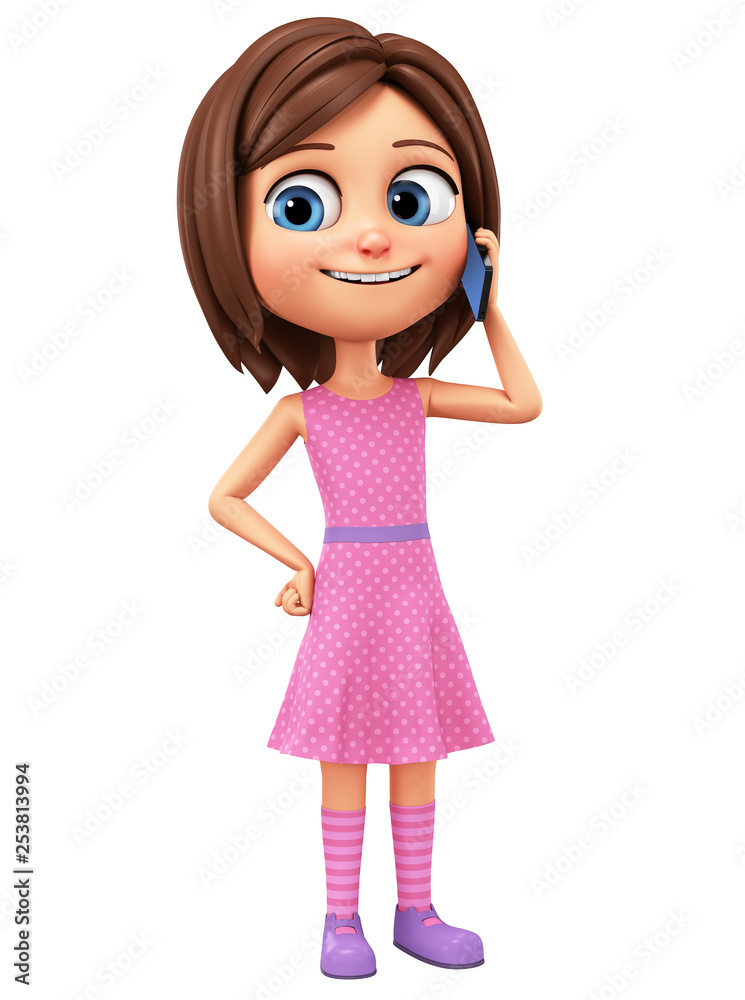 Character cartoon girl talking on the phone on a white background. 3d  rendering. Illustration for advertising. Stock Illustration | Adobe Stock