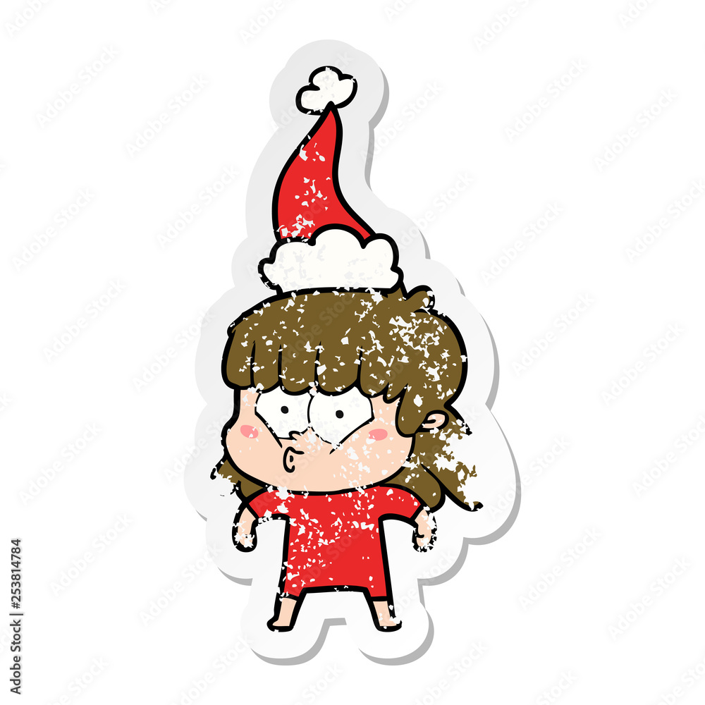 distressed sticker cartoon of a whistling girl wearing santa hat distressed sticker cartoon of a whistling girl wearing santa hat