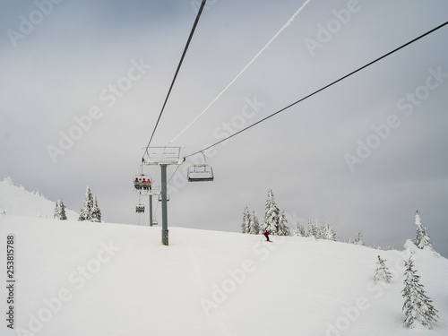 Overhead cable cars over a hill, Sun Peaks Resort, Sun Peaks, British Columbia, Canada