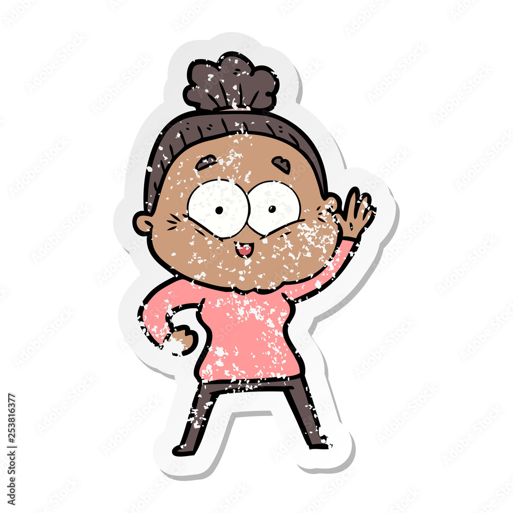distressed sticker of a cartoon happy old woman distressed sticker of a cartoon happy old woman