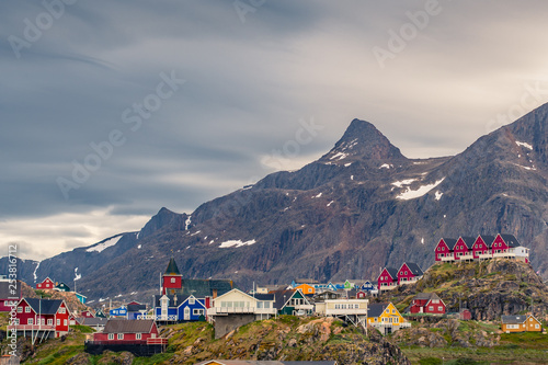Sisimiut arctic village / town in Greenland with steep mountain ridge - Arctic Circle Trail photo