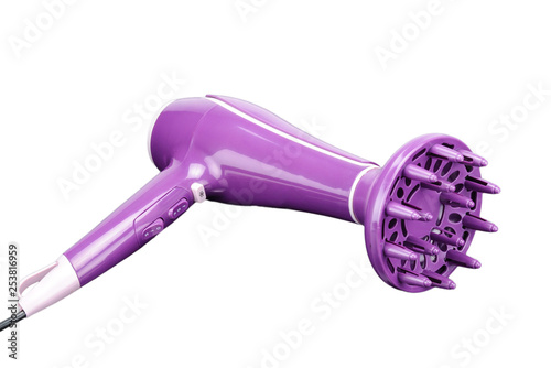 Pink hair dryer with diffuser isolated on the white background