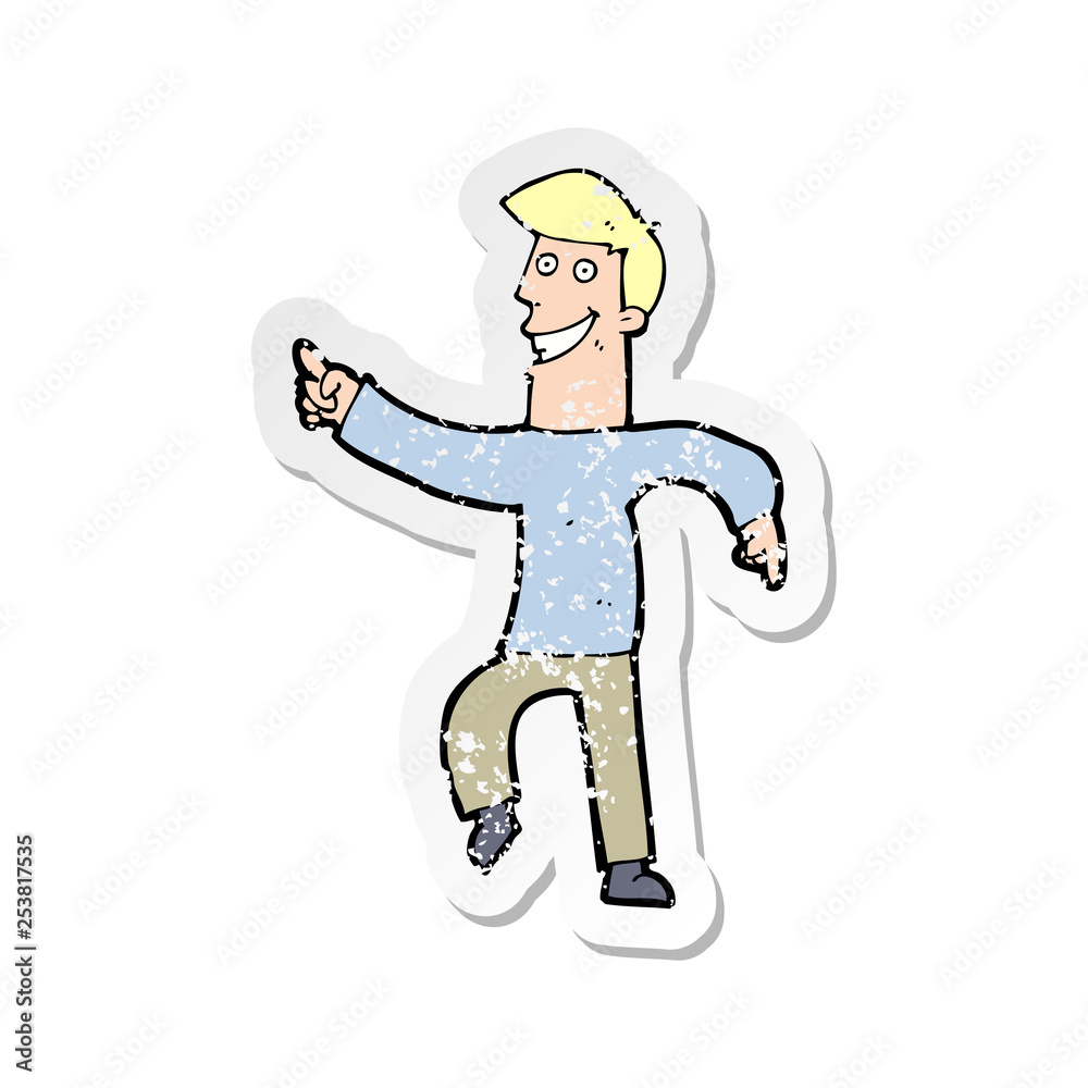 retro distressed sticker of a cartoon grinning man retro distressed sticker of a cartoon grinning man