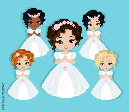 Set of design elements for First Communion for girls. Vector illustration for religious holidays.