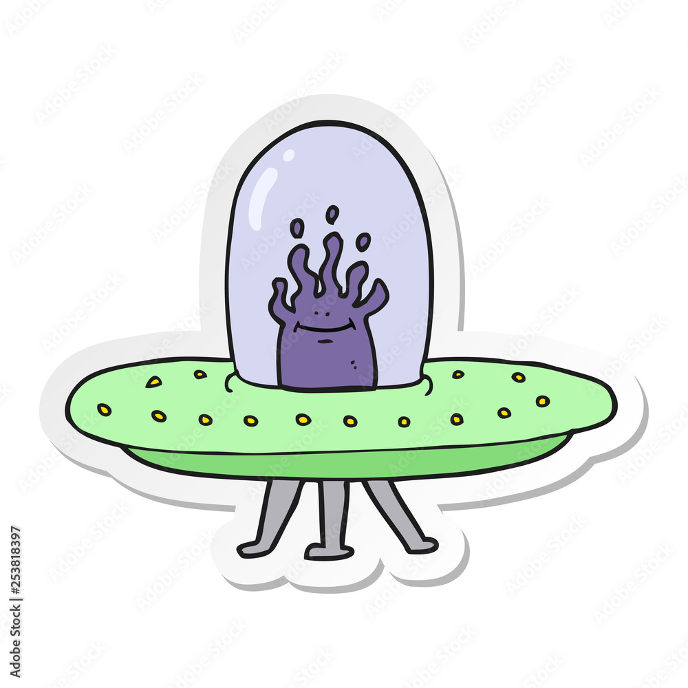 sticker of a cartoon flying saucer sticker of a cartoon flying saucer