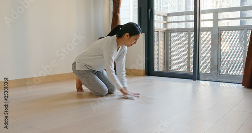 Asian Woman clean the floor at home prepare for lunar new year