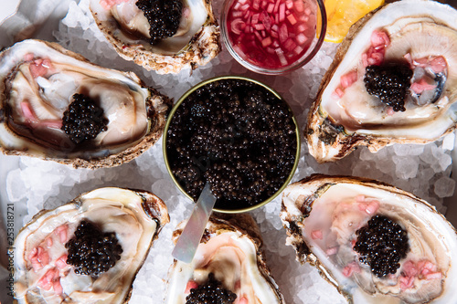 Close up of caviar on the half shell oyster