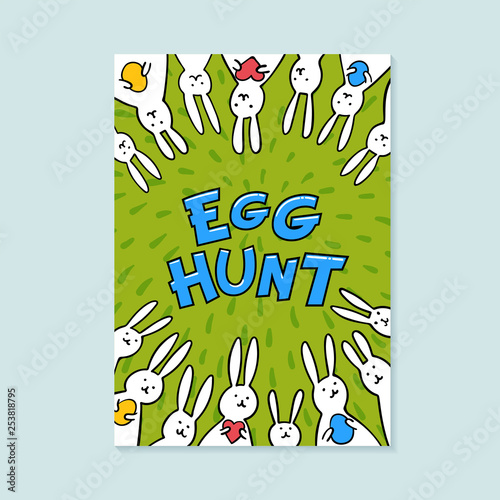 Easter greeting card. Egg hunt inscription and cute bunnies on green backgrou...