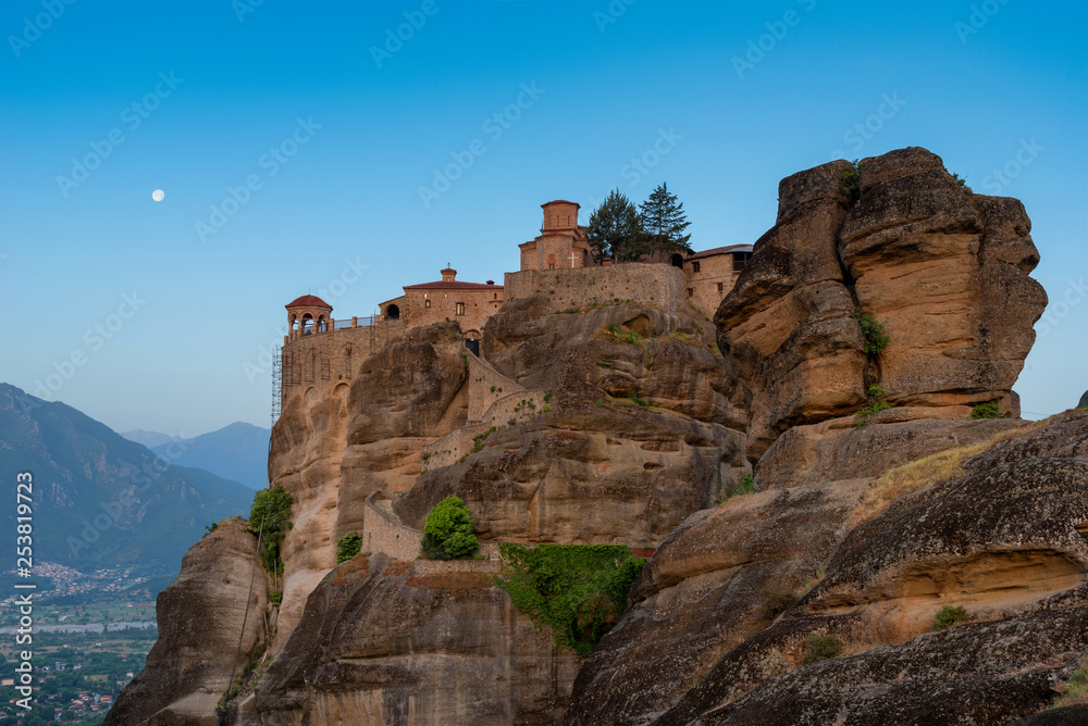 Great Meteoron Monastery. Beautiful scenic view, ancient traditional greek building on the top of huge stone pillar in Meteora, Eastern Orthodox Church, Pindos, Thessaly, Greece, Europe.