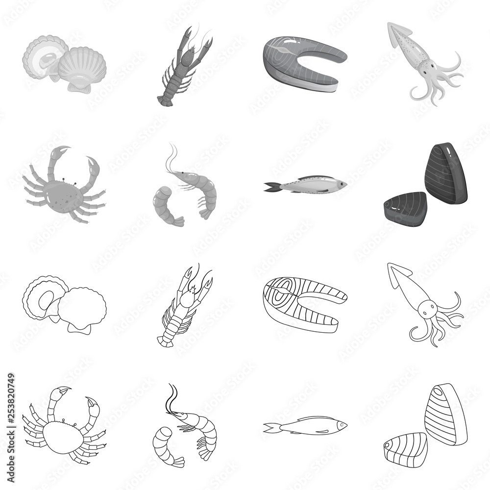 Vector illustration of fresh and restaurant icon. Set of fresh and marine stock vector illustration. Vector illustration of fresh and restaurant icon. Set of fresh and marine stock vector illustration.