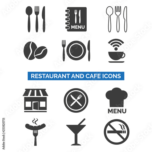 Restaurant and cafe icons set on white background.