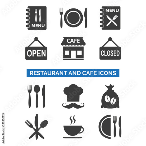 Restaurant and cafe icons set on white background.