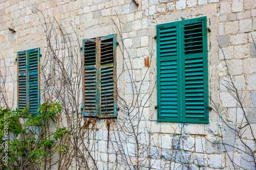 Authentic  brick wall with beautiful  old  wooden shutters  window and dry ivy  minimal style  bright colors  background