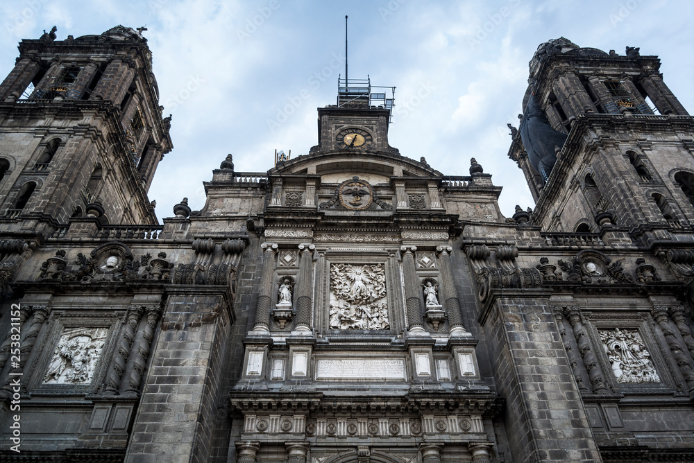 Main facade of the Mexico City Metropolitan Cathedral at night, Mexico City, Mexico
