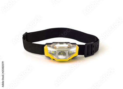 Headlamp with elastic strap isolated on white background. Sport equipment