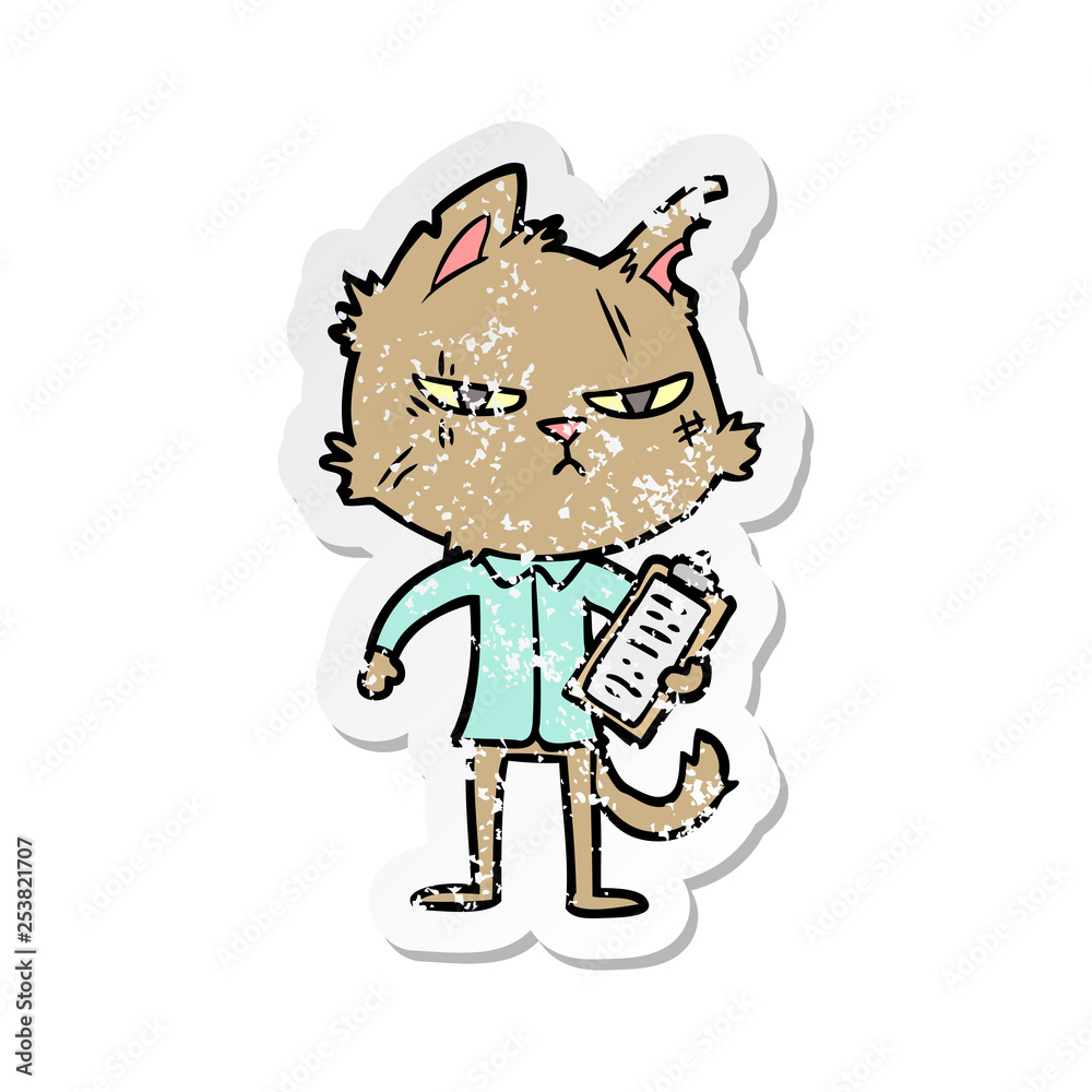 distressed sticker of a tough cartoon cat with clipboard
