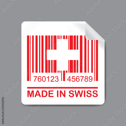 Label with Barcode and swiss flag, text -made in swiss,
