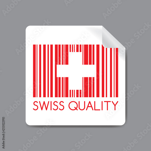 Label with red Barcode and swiss flag and text -swiss quality