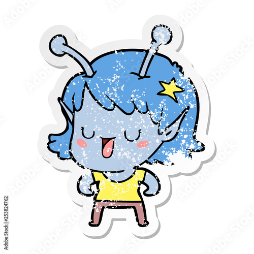 distressed sticker of a happy alien girl cartoon