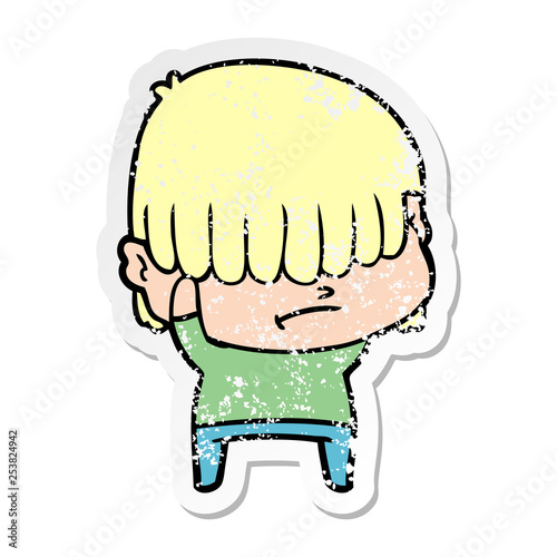 distressed sticker of a cartoon boy with untidy hair
