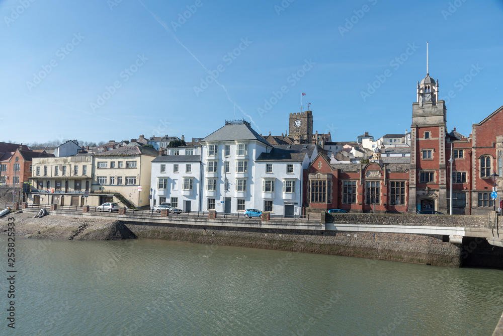 Bideford, North Devon, England UK. March 2019. Bideford town hall, library and St Marys Church viewed from East the Water.