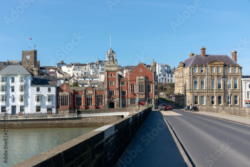 Bideford, North Devon, England UK. March 2019. Bideford town and the Bideford Long bridge built in 1850 viewed from East the Water.