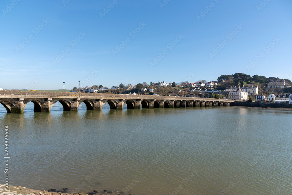 Bideford, North Devon, England UK. March 2019. Looking from Bideford town over the Bideford Long bridge built in 1850 to East The Water.