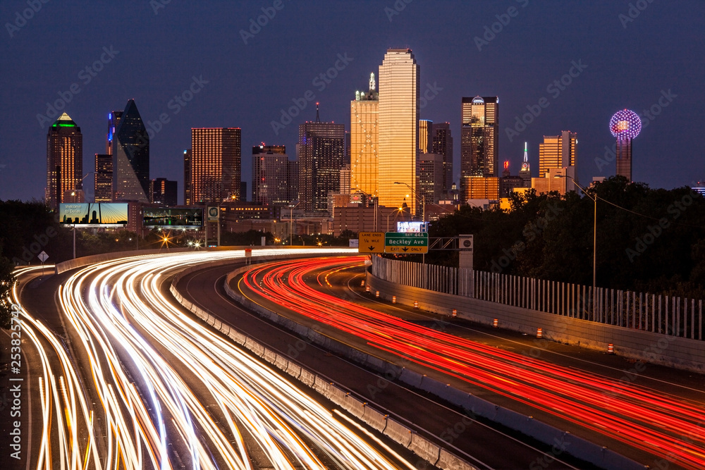 Dallas Skyline at Night w/ hwy Traffic