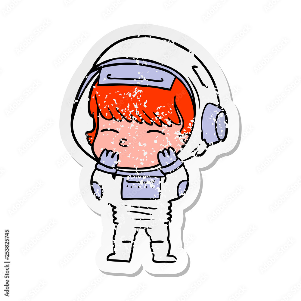 Fototapeta premium distressed sticker of a cartoon curious astronaut