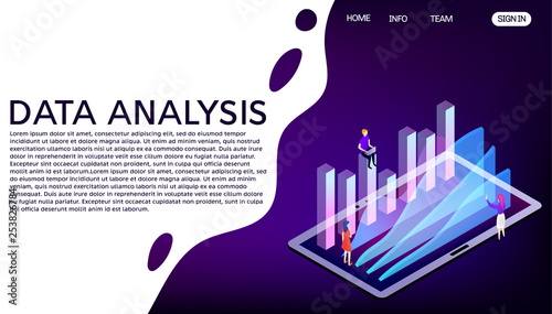 Data analysis vector isometric illustration. Website landing page template. Abstract 3d isometric landing page on white and violet