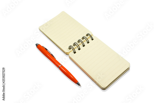 Notepad with pen, Isolated on white background
