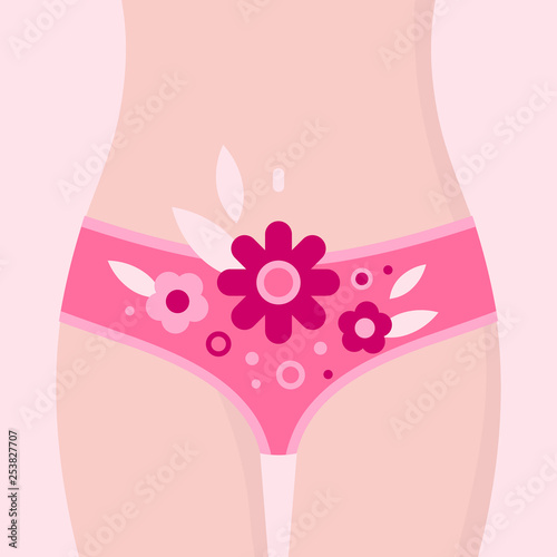 Women health, fragment of body in bikini with flowers. Menstruation, gynecology and genital health concept. Vector illustration in flat style